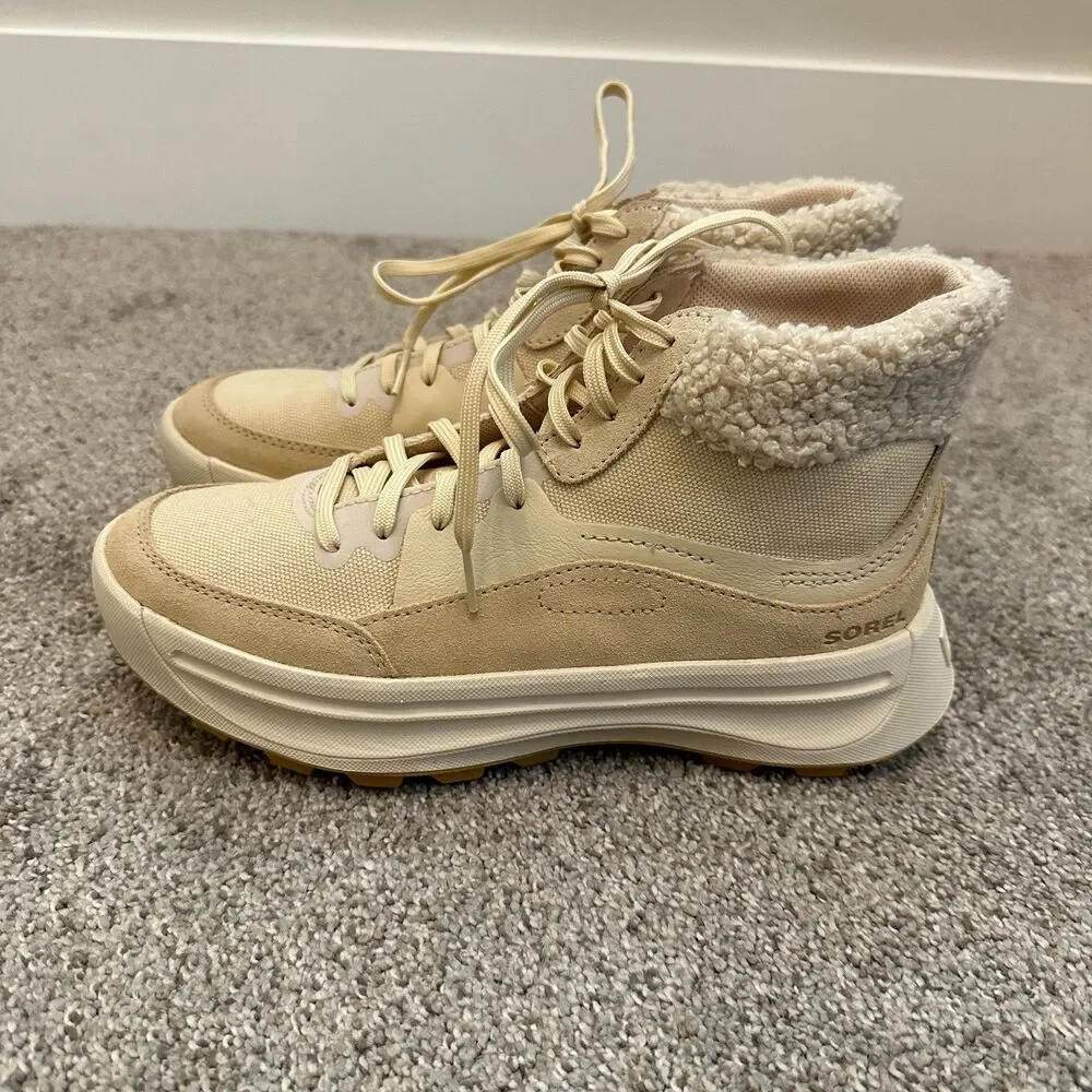 Sorel ONA 503 Mid Cozy Sneaker Boots Sherpa Cream Tan Womens Size 6.5 NL5047